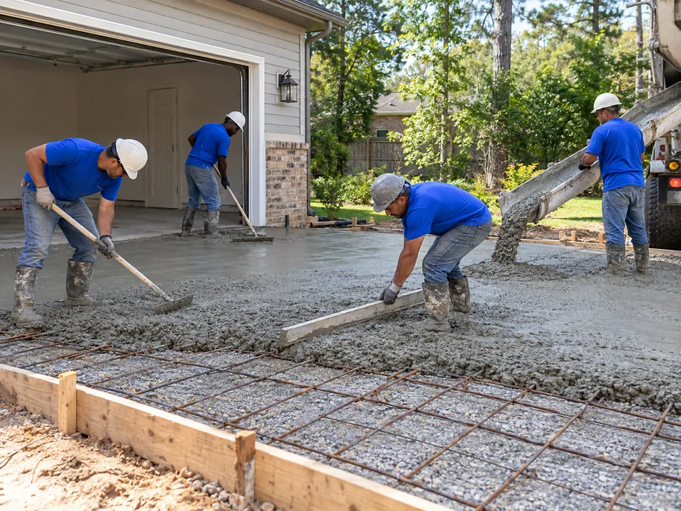 Crew pouring and leveling a concrete driveway over reinforcement