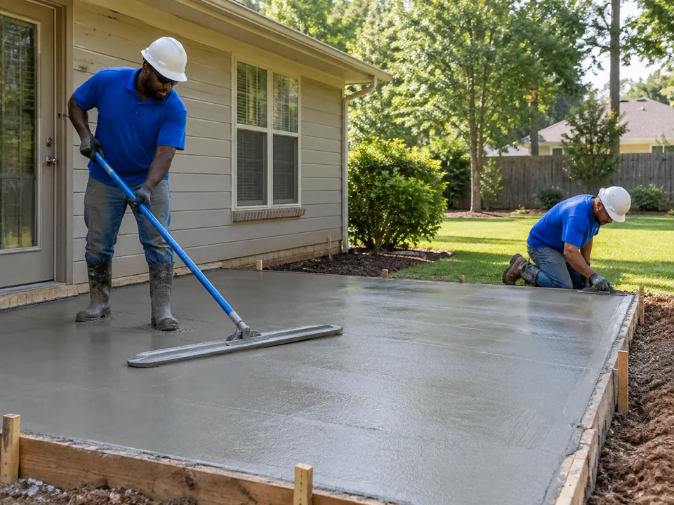 Crew smoothing and edging a freshly poured residential concrete patio